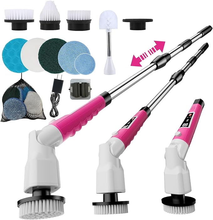 Electric Spin Scrubber,2026 New Adjustable Angle Cleaning Brush，IPX7 Waterproof Shower Scrubber with 3 Speed Settings,9 Brush Heads & Extendable Long Handle for Bathroom, Kitchen and Car Cleaning
