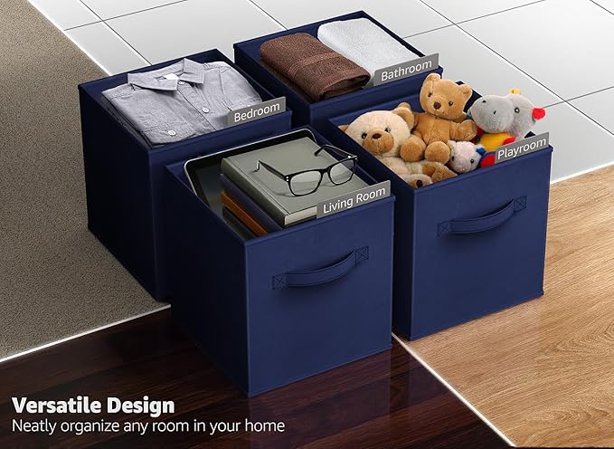 Sorbus Foldable Storage Cubes - 6 Fabric Baskets for Organizing Pantry, Closet, Shelf, Nursery, Playroom, Toy Box, Cubby -11 Inch Dual Handle Collapsible Closet Organizers and Storage Bins (Navy Blue)
