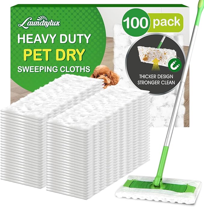 Heavy Duty Dry Sweeping Cloths Refills Compatible with Swiffer Sweeper, Multi Surface Pet Dry Pads Refill, Floor Cleaner for Dust, Hair, Dirt, Disposable Duster Mop Pad - 100 Count