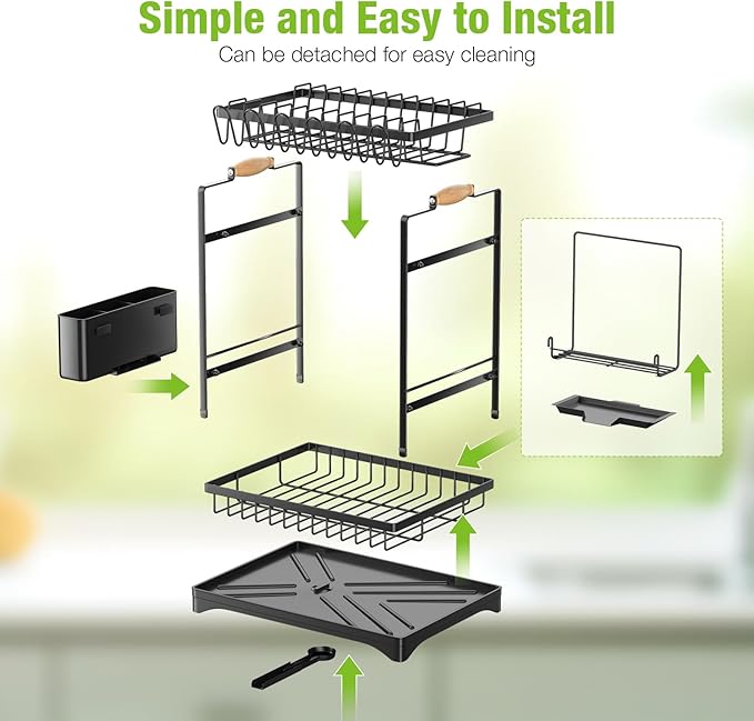 Housmile Dish Drying Rack, Large-Capacity Dish Rack for Kitchen Counter, Stainless Steel Dish Drainer, 2-Tier Drying Rack Kitchen Adjustable Height for Dishes, Knives, Spoons, and Forks, Black