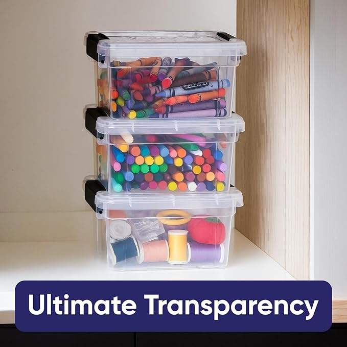 Superio Mini Storage Container Plastic Crayon Box Art Supplies and Sewing Case Stackable Clear Small Organizer for Beads, Stationery, Chalk, and Food, 1.4 Quart, 3 Pack