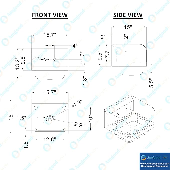 15 in. x 15 3/4 in. NSF Certified Stainless Steel Hand Sink with Side Splash Guards- Commercial Wall Mount Hand Basin with Faucet. Ideal for Restaurants, Bars, Kitchens, and Stores