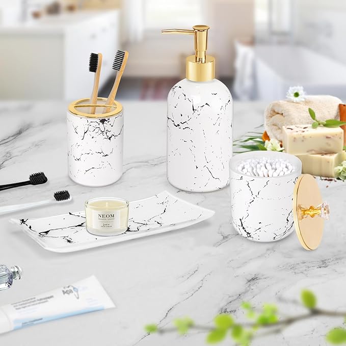 Haturi Glass Bathroom Accessories Set – 4-Piece Marble-Style White and Gold Bathroom Set with Soap Dispenser, Toothbrush Holder, Jar with Lid – Elegant Glass Design for Modern Vanity Décor