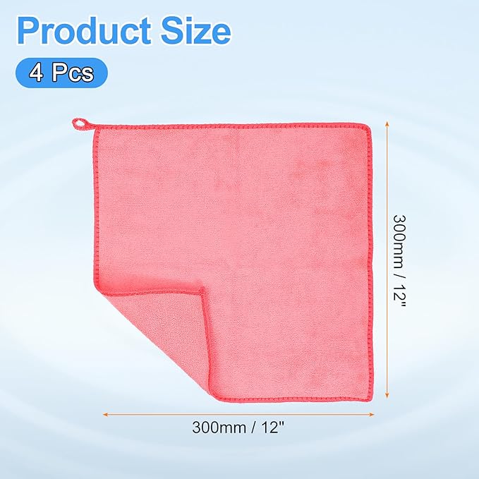 HARFINGTON 4 Pack Microfiber Cleaning Cloth, 12" x 12" Multi-Functional Cleaning Towels Reusable Absorbent Rags with Hook for Car Wash Kitchen Household Window Clean, Rose Red