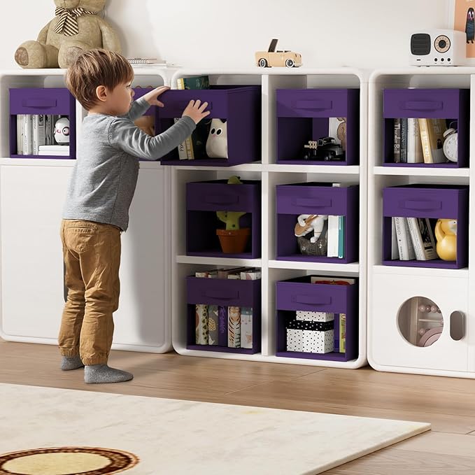 DIMJ Cube Bins, 12.2-Inch Storage Bins Cubes with Window, 6 Packs Collapsible Storage Bins with Handles, Closet Storage Baskets for Organizing Living Room, Office, 6 Pack,Purple