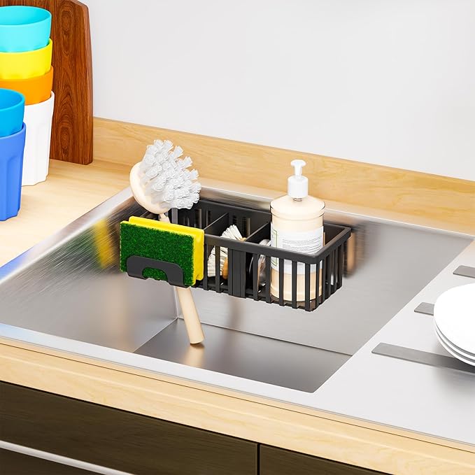 Yieach Black In Sink Sponge Holder for Kitchen Sink Organizer,3-In-1 In Sink Caddy with Suction Cups,Plastic Scrub Brush and Sink Ccrub Holder,New Home Must Haves Sponge Caddy,Dish Soap Rack,Dispenser