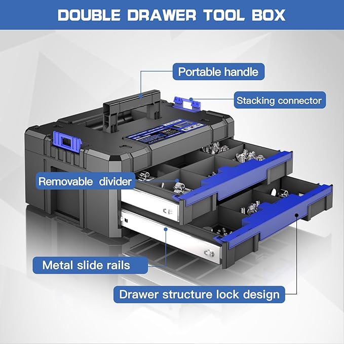 18 Inch Tool Box with Double Drawers | AIRAJ Stackable Modular Tool Organizer Box Storage System | Garage Storage | Home Repair | Professional Use | (SC1-B)