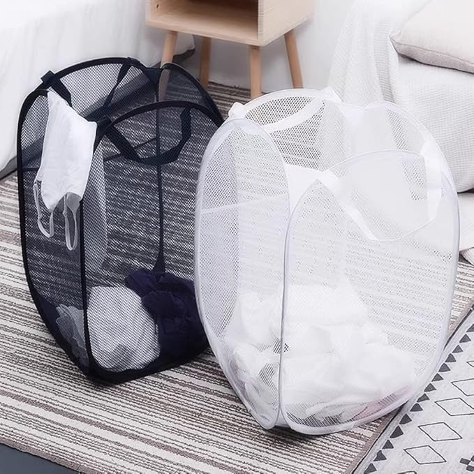 BATTOO Deluxe Strong Mesh Pop up Laundry Hamper Basket with Side Pocket for Laundry Room, Bathroom, Kids Room, College Dorm or Travel Black+White