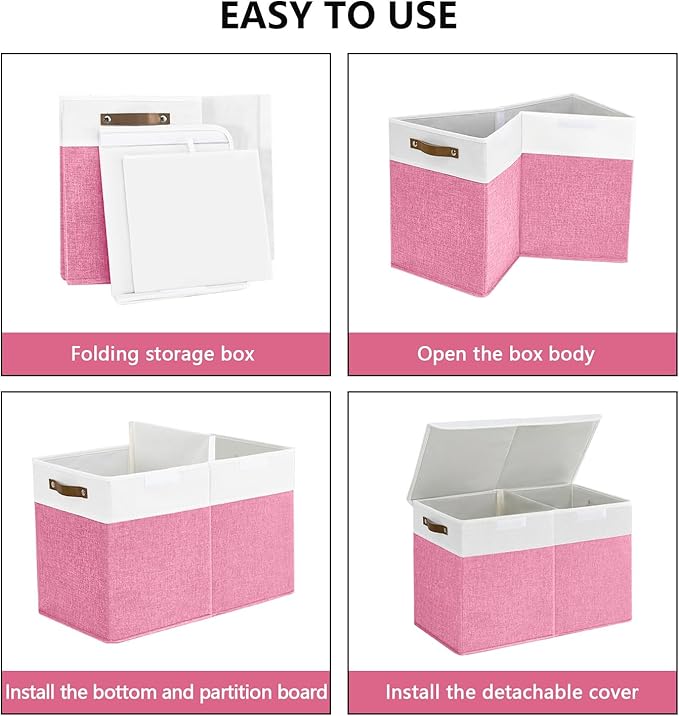 Large Toy Storage Box with Lids, Collapsible Sturdy Baby Storage Organizer Chest Bin Basket for Kids, Boys, Girls, Playroom, Nursery, Bedroom, Closet 25"x13"x16" (Pink and White)