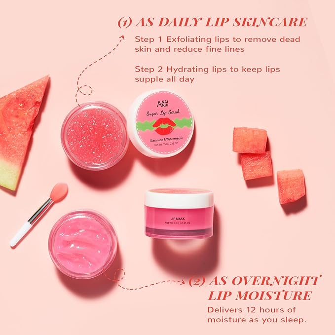 Hydrating Lip Mask Set, Lip Scrub & Lip Butter, Overnight Lip Treatment Set Enriched With Ceramide, Watermelon and Shea Butter, For A Softer & Smoother Lips, Overnight Lip Mask Gifts