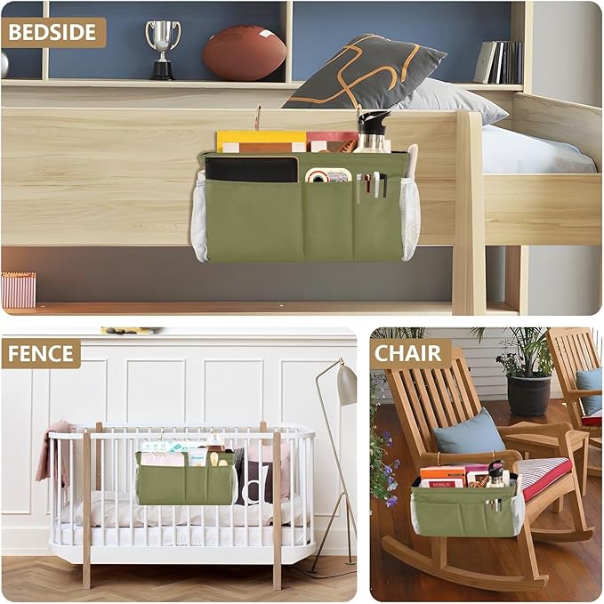 KOPIRIT Olive Color Bedside Caddy Storage Bag Bedside Organizer for Dorm Room Top Bunk Bed Bedside Shelf Hanging Organizer 6 Pockets with Hooks for Glasses Book Tablet Holder