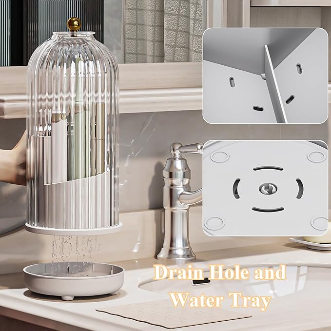Zufudo Toothbrush Holders with Cover, Drainage Rotating Electric Toothbrush Organizer, 3 Slots Tooth Brush Holder for Bathroom Counter, Transparent