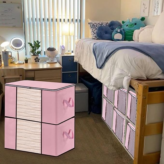 6 Pack 90L Clothes Storage Bags Dorm Storage Containers with Clear Window Handle Organization Bins for Comforter, Pillows, Closet and College Dorm Essentials(Pink)