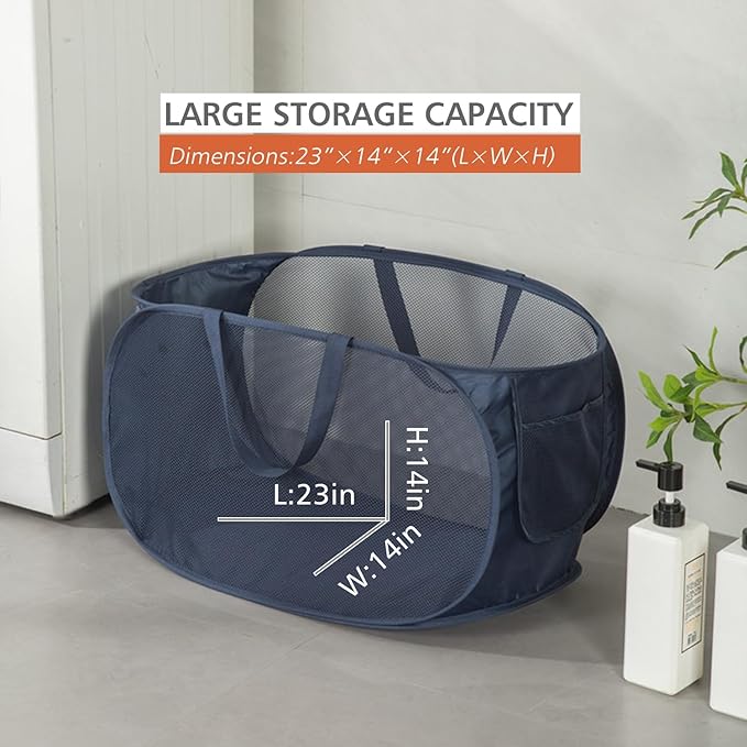 Sturdy Mesh Laundry Hamper Basket Bag,Pop up Basket with Side Pocket for Laundry Room, Bathroom, Kids Room, College Dorm or Travel (Pop Horizontal, Pink)