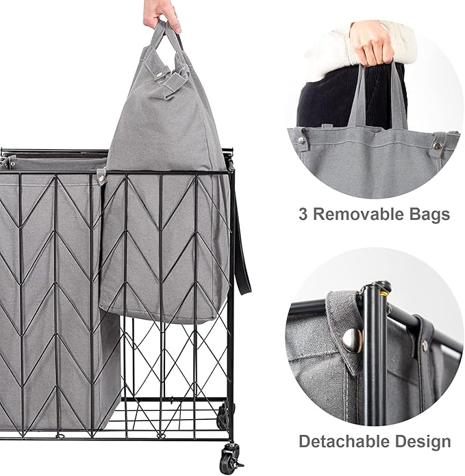 WOWLIVE Laundry Basket with Wheels, 142L Hamper 3 Section with Lid, Dirty Clothes Hamper with Removable Bags, Large Capacity Iron-Made Organizer Laundry Sorter for Dorm, Grey