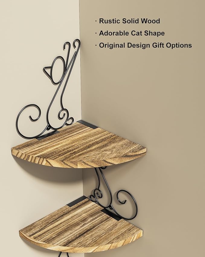 Alsonerbay Wall Mount Corner Shelves 4 Tier Floating Corner Storage Wood Shelves Decorative Rustic Radial Shelf in Cat Shape Carbonized Black