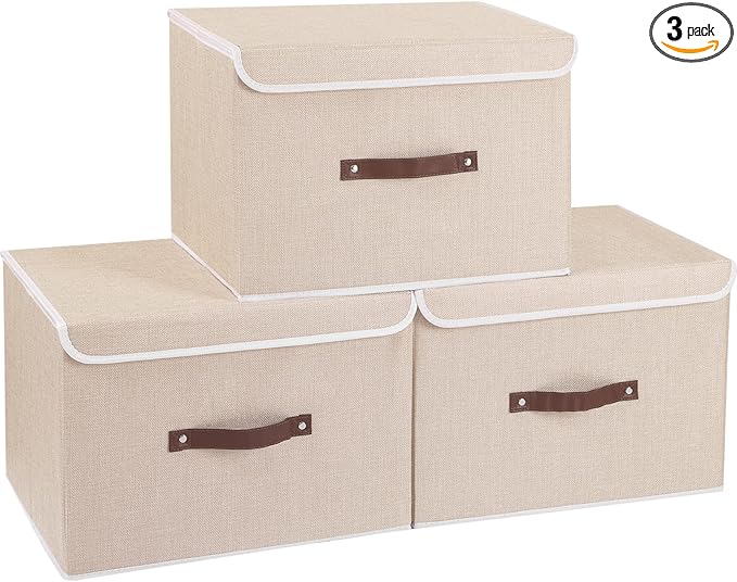 Yawinhe Collapsible Storage Boxes, Linen Fabric Baskets, Bin with lid and Leather Handle, Washable, for Home, Closet, Beige, 15.0''Lx9.8''Wx9.8''H, 3-Pack, USNK024BEL-3