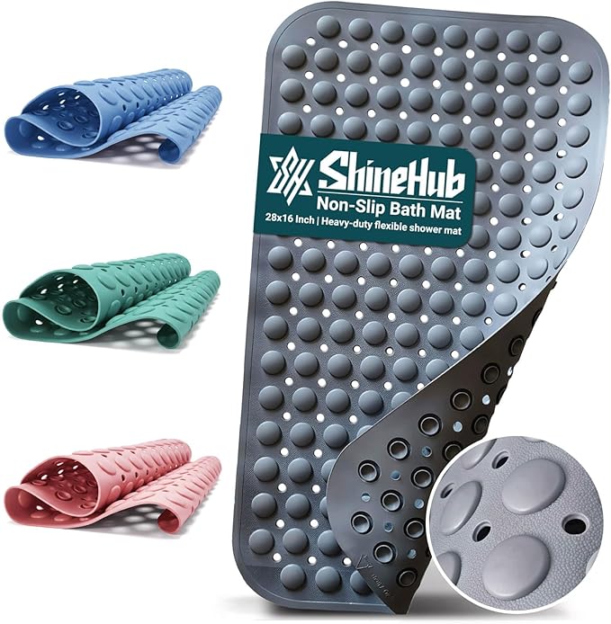 ShineHub Non-Slip Bath Mat for Tub Shower, TPE Machine Washable Bathroom Essentials with Suction Cups, Quick-Dry 28x16 inch (Mist Pine Gray)