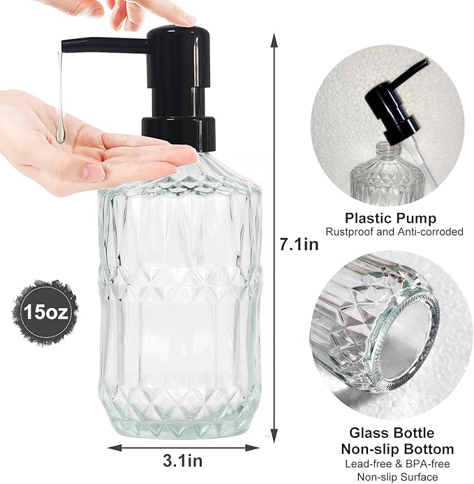 Clear Glass Soap Dispenser with Black Pump, 15oz Liquid Hand Dispenser, Refillable Lotion Dish Soap Dispenser for Modern Home Decor, Bathroom, Kitchen Countertop, Hotel