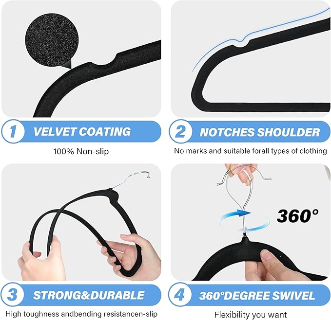 YSSOA Heavy Duty Velvet Hangers 50 Pack, 360° Swivel Hooks, Non-Slip Clothes Hangers with Shoulder Notches, Black