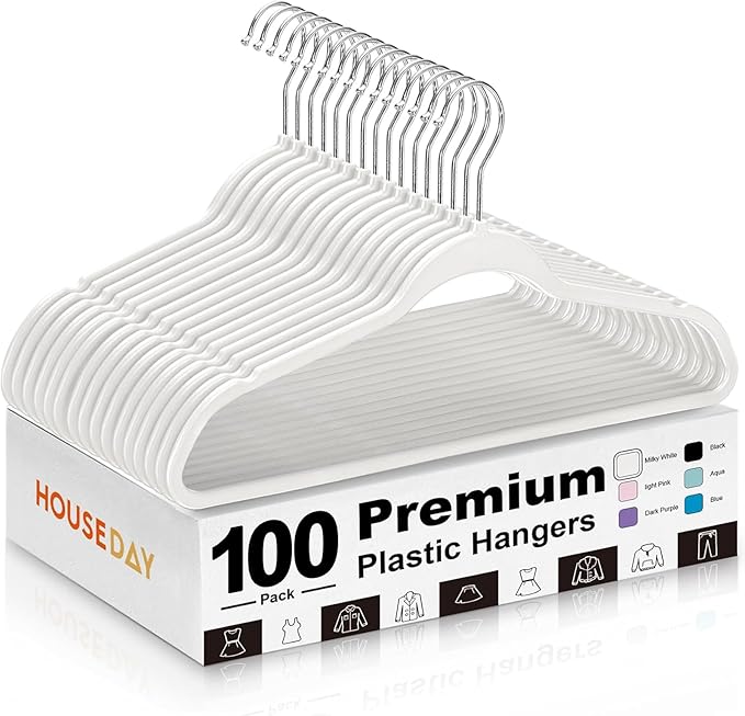 HOUSE DAY Ivory Plastic Hangers 100 Pack - Heavy Duty Non-Velvet Hanger with 360° Swivel Hook & Non Slip Notches - Slim Space Saving Clothes Hangers, Durable Closet Organizers for Coats Shirts Dresses