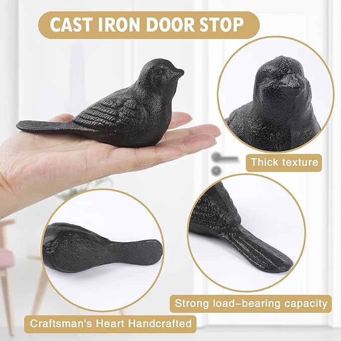 Cast Iron Bird Heavy Duty Door Stopper - Avoid Drilling Holes with Handle Metal Antique Decorative Vintage Rustic Door Stopper for Office, Home， Bedroom and Exterior Doors (2, Black)