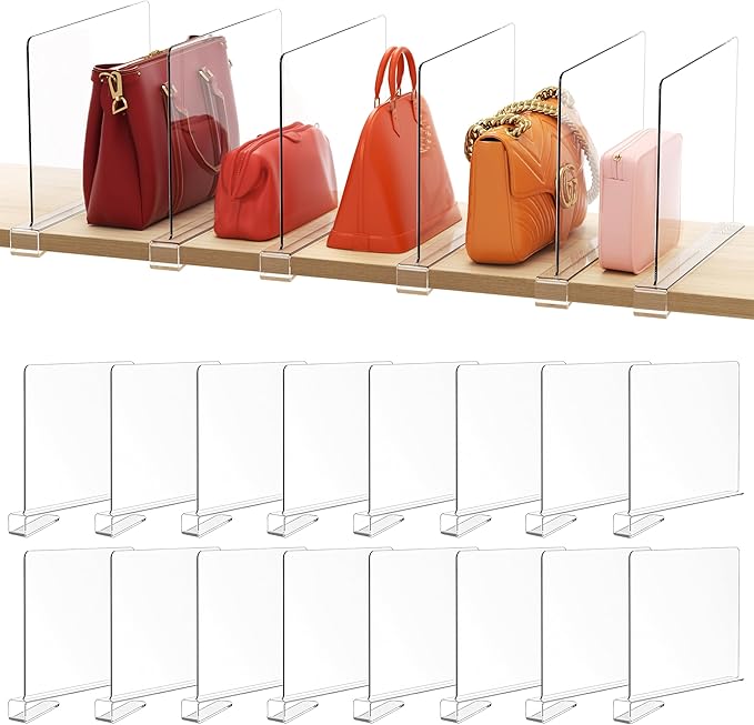 HBlife 16 Pack Clear Shelf Dividers, Vertical Purse Organizer for Closet Perfect for Sweater, Shirts, Handbags in Bedroom and Kitchen, Adjustable Acrylic Bookshelf for Organization