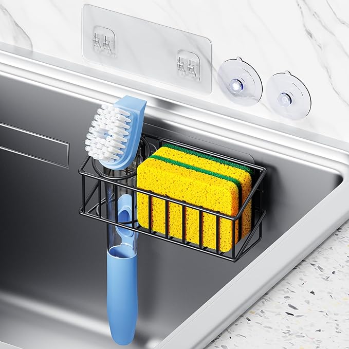 Kitchen Sink Organizer, Strong Adhesive Mount Detachable Sponge Holder for Kitchen & Bathroom Sink with Extra Suction Cups, Holds Sponges, Dish Brushes, Scrubbing Pads
