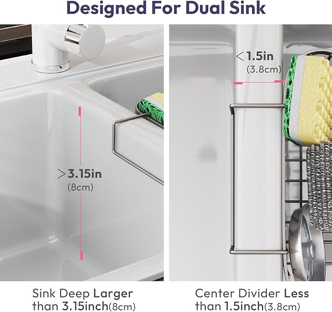 SWTYMIKI Sponge Holder for Kitchen Sink - Movable Kitchen Sink Caddy with M Hook Stainless Steel Hanging Sponges Caddy Organizer in Double Bowl Sinks Depth>3.15in, Middle Divider<1.5in, Sand Nickel L