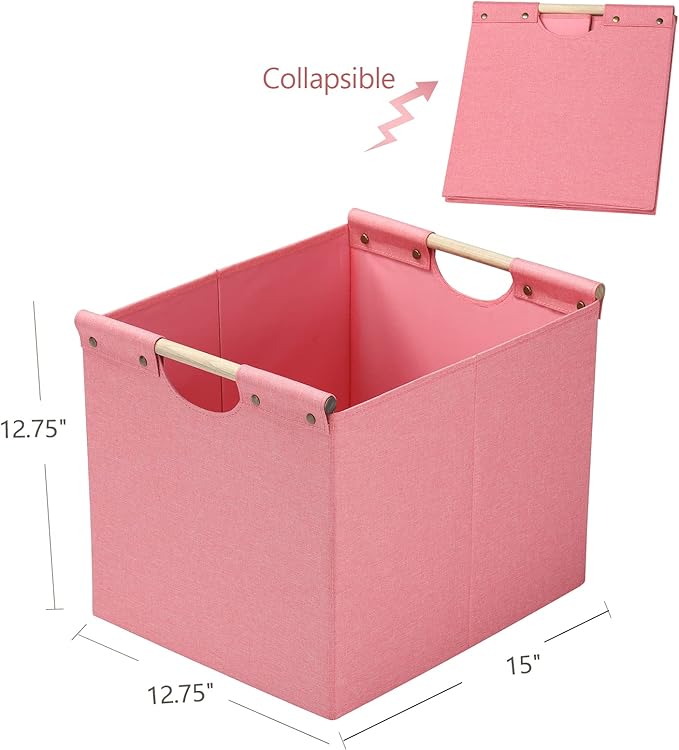 HOONEX Large Foldable Storage Bins, Linen Fabric, Pack of 2, Storage Baskets with Wooden Carry Handles and Sturdy Heavy Cardboard, for Home, Office, Car, Nursery, Pink