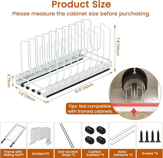 Housolution 1 Pack Pull out Pot Lid Organizer for Under Cabinet, Slide Out Pot and Pan Organizer with 10 Adjustable Dividers, Sliding Pan Holder Storage Rack inside Cabinet, White