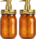 Amolliar Plastic Mason Jar Soap Dispenser with Pump Lid,16OZ Refillable Hand Soap Dispenser Set with Cute Lables - Farmhouse Decor for Kitchen Bathroom, Liquid Soap, Dish Soap, Lotion (2 Pack, Amber)