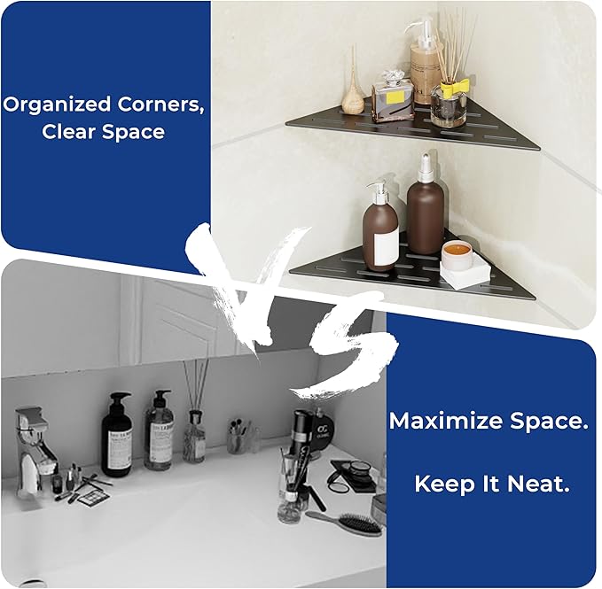 Peaktrivol Corner Shower Caddy Shelf, Recessed Built-in Bathroom Storage for Tiled 90° Walls, Matte Black 304 Stainless Steel, Set of 2