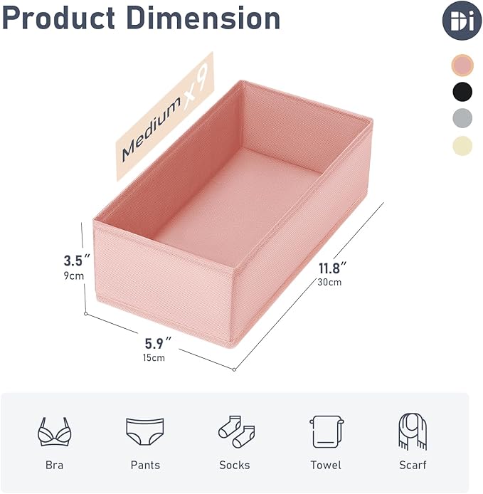 DIMJ Drawer Organizer for Clothes - Underwear, Sock, Closet, and Dresser Storage Box - Dividers for Baby Clothes, Bra, Socks, Belt, Tie - Set of 9, Pink