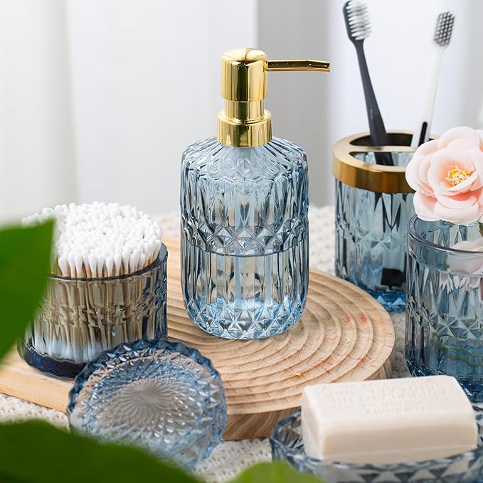Bathroom Accessory Set 5 Pcs, Glass Bathroom Set Include Soap Dish, Toothbrush Holder, Mousewash Cup, Soap Dispenser, Cotton Swab Jar, Blue