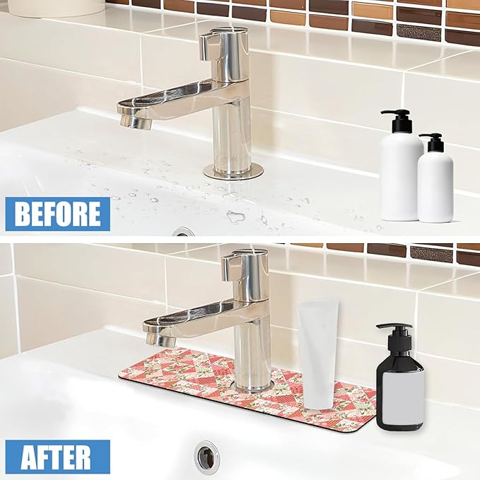 Sink Splash Guard Faucet Mat Roses and Butterflies Absorbent Fast Drying Mat Sink Gadgets Splash Guard Behind Faucet Drip Catcher for Kitchen Bathroom 15.5"X5.5"