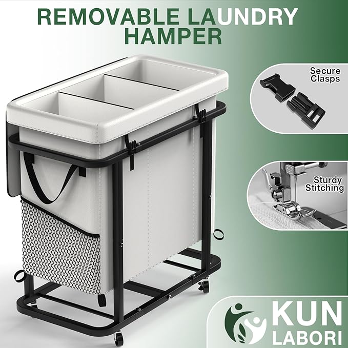 60 Gal(230L) High Grade Large Laundry Basket with Wheels, Rolling Laundry Hamper, Laundry Cart with Metal Frame and Removable Bag Design, Suitable for Laundry Room,Bedroom (White, 3 Section 230L)