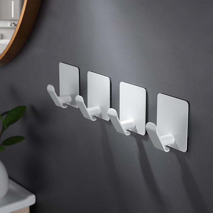 DELITON Adhesive Hooks 4 Pack - Simple White Towel Hooks for Coat, Robe and Bags, Heavy Duty Stick on Wall for Bathroom and Kitchen