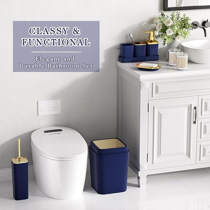 Bathroom Set - Navy Blue Bathroom Sets with Shower Curtain and Rugs, 24PCS Shower Curtain Set with Hooks, Soap Dispenser, Soap Dish, Toilet Brush Holder and Trash Can for Housewarming