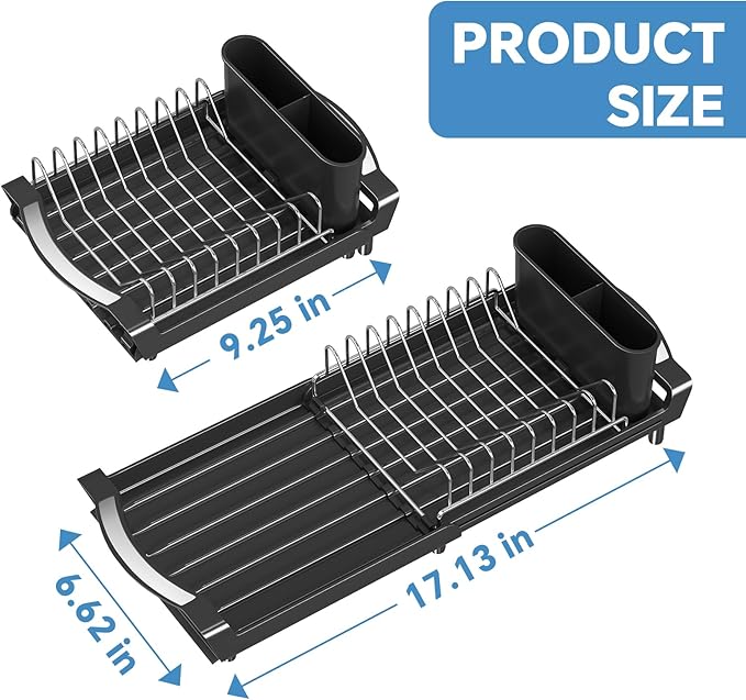 Simple Trending Small Dish Drying Rack, Compact Expandable Dish Rack with Cutlery Holder, Sink Dish Drainer for Kitchen Countertop, Black