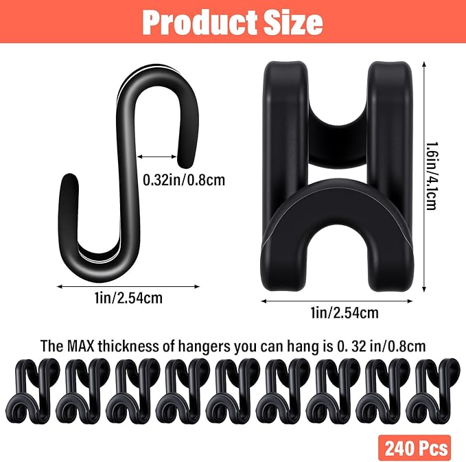 240 Pcs Black Clothes Hanger Connector Hooks, Heavy Duty Plastic Space Saving Cascading Hanger Extender Clips for Closet Organizer