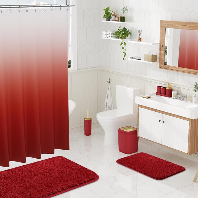 Burgundy Bathroom Accessories Set with Shower Curtain and Rugs, Dark Red Bathroom Accessories with Trash Can,Toothbrush Holder and Cup,Soap Dispenser,Tray,Soap Dish,Toilet Brush,Qtip Holders