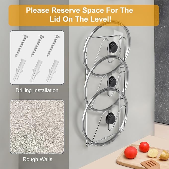 2 Pack Pot-Lid-Organizer, 6-Tier Pots and Pans Lid-Organizer for Cabinet Door/Wall, No Drilling Adhesive Wall/Door Mounted Rustproof Pot-Lid-Holder for Kitchen Organization - silver
