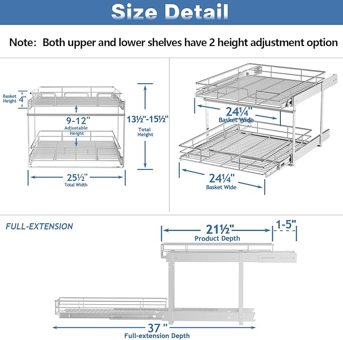 MODCART 2 Tier Individual Pull Out Cabinet Organizer 25½" W x 21½" D, Heavy Duty Cabinet Pull Out Shelves, Slide Out Drawers Organization for Kitchen Cabinets Bathroom