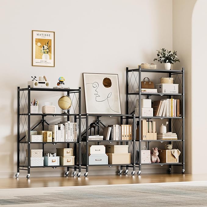 Simple Deluxe 4-Tier Folding Storage Shelves, 27.95" W x 14.96" D x 49.61" H Foldable Shelving Unit, 1000 Lbs Loading Capacity, Black