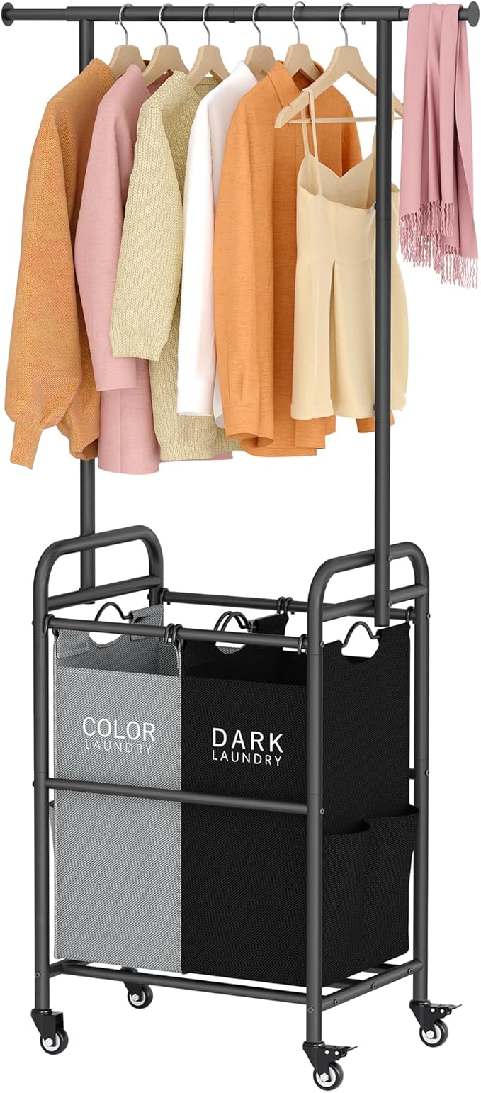 Tajsoon Laundry Sorter with Hanging Bar, 2 Section Laundry Hamper with Lockable Wheels and Removable Bag, Black & Gray