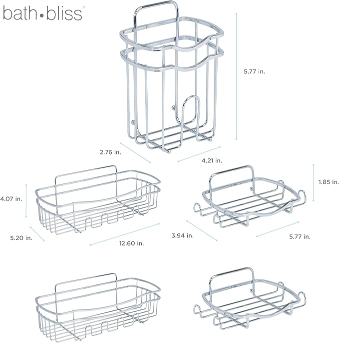 Bath Bliss Adhesive Shower Caddy Organizer | 5 Piece Set | 2 Soap Dishes | 1 Small Organizer | 2 Large Organizers | Bathroom Organization | Holds Up to 15lbs | Easy to install | Chrome