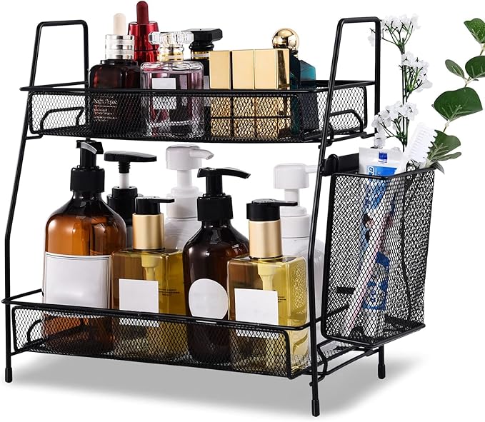 LEMIKKLE Countertop Organizer for Bathroom Counter, The Organizer for Bedroom, Spice Rack Organizer for Kitchen Counter Shelf with Small Basket(Black)