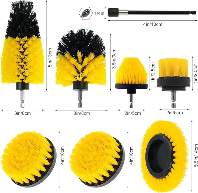 8 Pcs Drill Brush Attachment Set, Power Cleaning Scrub Brush Kit with Extend Long Attachment, All Purpose Drill Scrub Brushes for Car, Grout, Floor, Tub, Bathroom and Kitchen (Yellow)