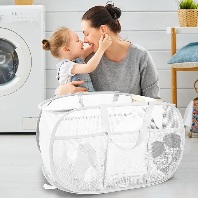 Collapsible Laundry Baskets, Upgrade Pop Up Laundry Hamper with Convenient Bags, Foldable Laundry Basket Mesh Light Weight, Easy to Carry Clothes Hampers for Laundry, Dorm, Toys, Travel 4 Pack